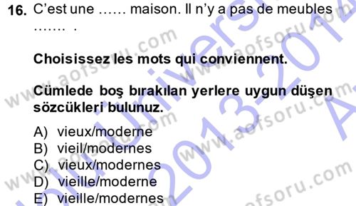 Fransızca 1 Dersi Ara Sınavı Deneme Sınav Soruları 16. Soru