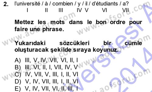 Fransızca 1 Dersi Ara Sınavı Deneme Sınav Soruları 2. Soru
