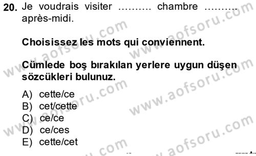 Fransızca 1 Dersi Ara Sınavı Deneme Sınav Soruları 20. Soru