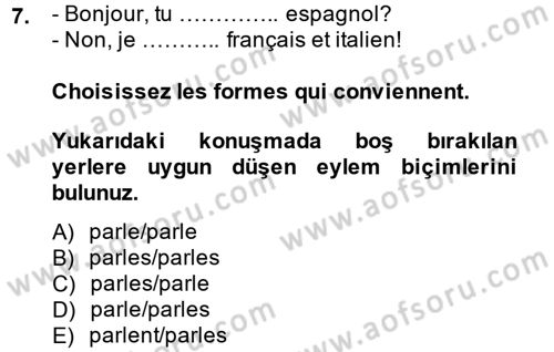 Fransızca 1 Dersi Ara Sınavı Deneme Sınav Soruları 7. Soru