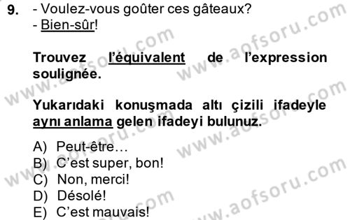 Fransızca 1 Dersi Ara Sınavı Deneme Sınav Soruları 9. Soru
