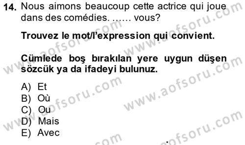 Fransızca 1 Dersi 2013 - 2014 Yılı (Final) Dönem Sonu Sınav Soruları 14. Soru