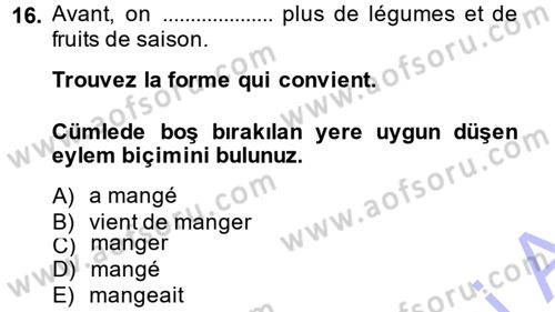 Fransızca 1 Dersi 2013 - 2014 Yılı (Final) Dönem Sonu Sınav Soruları 16. Soru