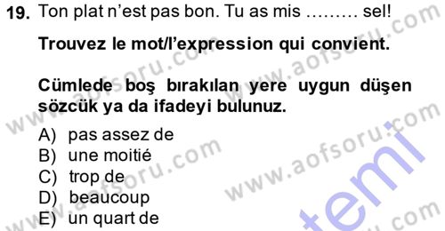 Fransızca 1 Dersi 2013 - 2014 Yılı (Final) Dönem Sonu Sınav Soruları 19. Soru