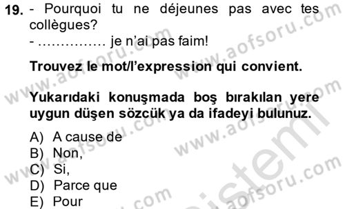 Fransızca 1 Dersi 2013 - 2014 Yılı Tek Ders Sınav Soruları 19. Soru
