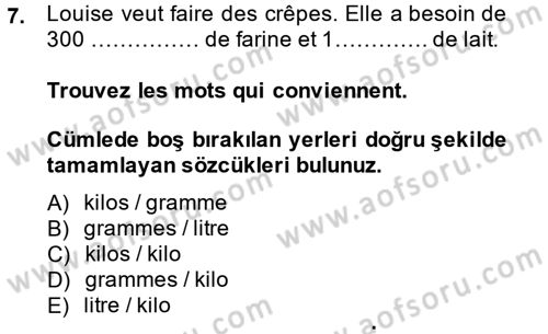Fransızca 1 Dersi 2013 - 2014 Yılı Tek Ders Sınav Soruları 7. Soru