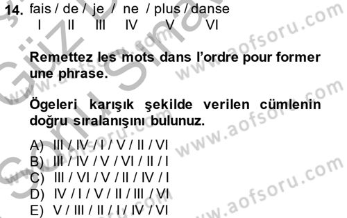 Fransızca 1 Dersi 2014 - 2015 Yılı (Final) Dönem Sonu Sınav Soruları 14. Soru