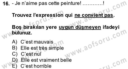 Fransızca 1 Dersi 2014 - 2015 Yılı (Final) Dönem Sonu Sınav Soruları 16. Soru