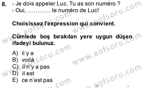 Fransızca 1 Dersi 2014 - 2015 Yılı (Final) Dönem Sonu Sınavı 8. Soru