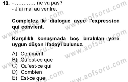 Fransızca 1 Dersi 2014 - 2015 Yılı Tek Ders Sınav Soruları 10. Soru