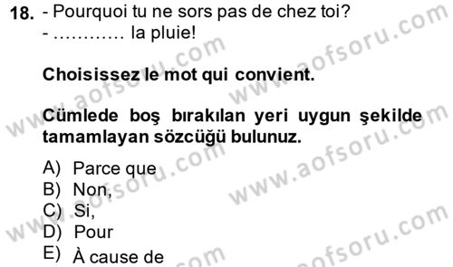 Fransızca 1 Dersi 2014 - 2015 Yılı Tek Ders Sınav Soruları 18. Soru