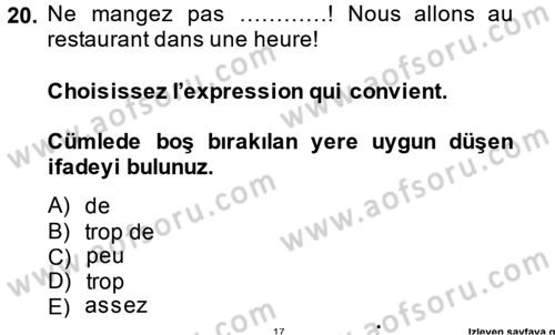 Fransızca 1 Dersi 2014 - 2015 Yılı Tek Ders Sınav Soruları 20. Soru