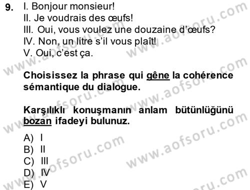 Fransızca 1 Dersi 2014 - 2015 Yılı Tek Ders Sınav Soruları 9. Soru