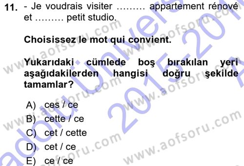 Fransızca 1 Dersi Ara Sınavı Deneme Sınav Soruları 11. Soru