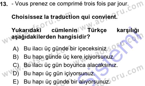 Fransızca 1 Dersi Ara Sınavı Deneme Sınav Soruları 13. Soru