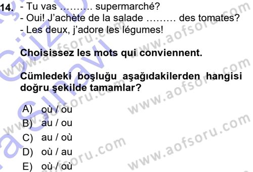 Fransızca 1 Dersi Ara Sınavı Deneme Sınav Soruları 14. Soru
