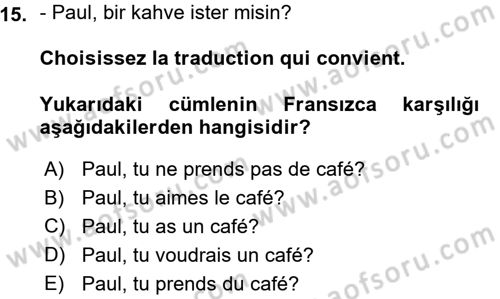 Fransızca 1 Dersi 2015 - 2016 Yılı (Vize) Ara Sınavı 15. Soru