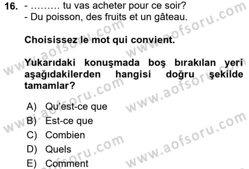 Fransızca 1 Dersi Ara Sınavı Deneme Sınav Soruları 16. Soru