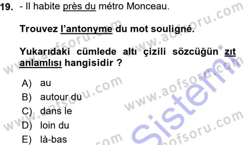 Fransızca 1 Dersi Ara Sınavı Deneme Sınav Soruları 19. Soru