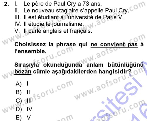 Fransızca 1 Dersi Ara Sınavı Deneme Sınav Soruları 2. Soru