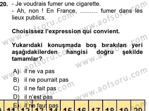 Fransızca 1 Dersi Ara Sınavı Deneme Sınav Soruları 20. Soru