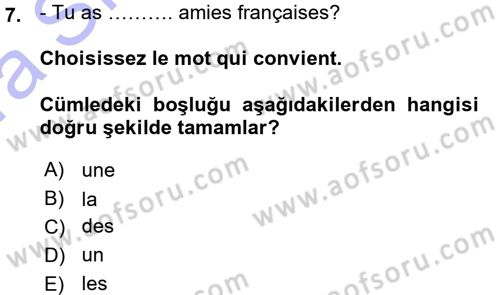 Fransızca 1 Dersi 2015 - 2016 Yılı (Vize) Ara Sınav Soruları 7. Soru