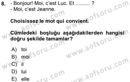 Fransızca 1 Dersi Ara Sınavı Deneme Sınav Soruları 8. Soru