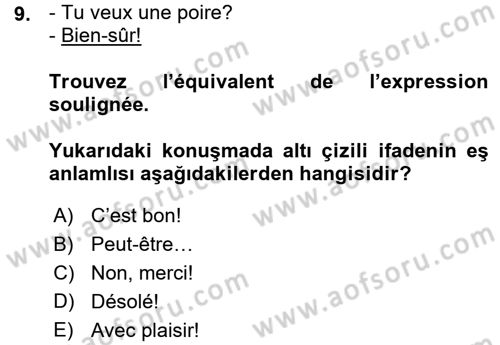 Fransızca 1 Dersi Ara Sınavı Deneme Sınav Soruları 9. Soru