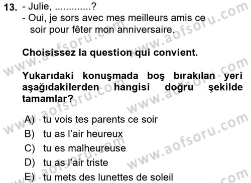 Fransızca 1 Dersi 2015 - 2016 Yılı (Final) Dönem Sonu Sınav Soruları 13. Soru