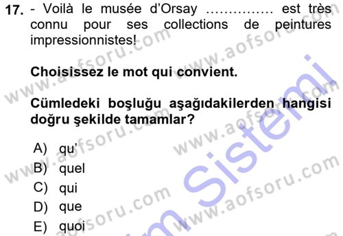 Fransızca 1 Dersi 2015 - 2016 Yılı (Final) Dönem Sonu Sınav Soruları 17. Soru