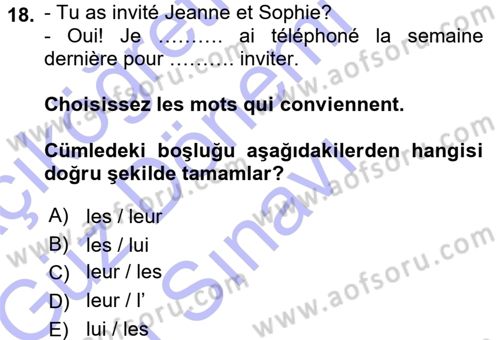 Fransızca 1 Dersi 2015 - 2016 Yılı (Final) Dönem Sonu Sınav Soruları 18. Soru