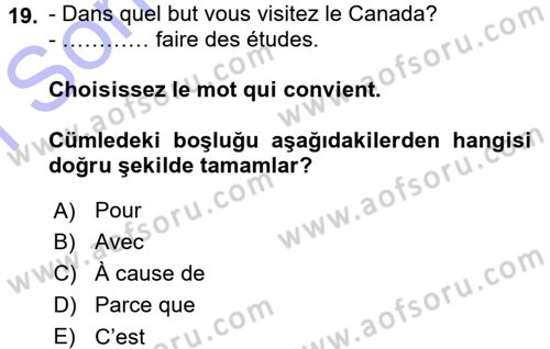 Fransızca 1 Dersi 2015 - 2016 Yılı (Final) Dönem Sonu Sınav Soruları 19. Soru