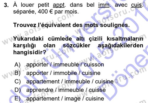 Fransızca 1 Dersi 2015 - 2016 Yılı (Final) Dönem Sonu Sınav Soruları 3. Soru