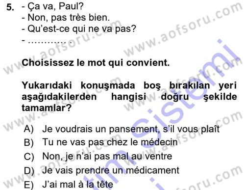 Fransızca 1 Dersi 2015 - 2016 Yılı (Final) Dönem Sonu Sınav Soruları 5. Soru
