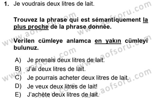 Fransızca 1 Dersi 2015 - 2016 Yılı Tek Ders Sınavı 1. Soru