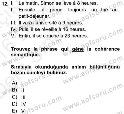 Fransızca 1 Dersi 2015 - 2016 Yılı Tek Ders Sınavı 12. Soru