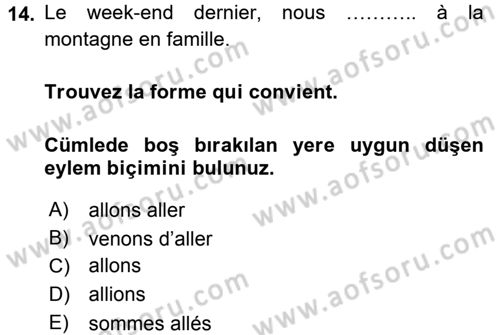 Fransızca 1 Dersi 2015 - 2016 Yılı Tek Ders Sınavı 14. Soru