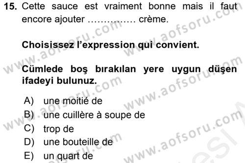 Fransızca 1 Dersi 2015 - 2016 Yılı Tek Ders Sınavı 15. Soru