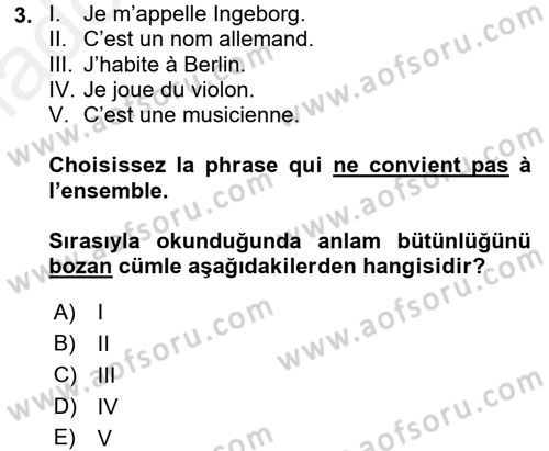 Fransızca 1 Dersi 2015 - 2016 Yılı Tek Ders Sınavı 3. Soru