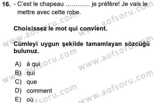 Fransızca 1 Dersi 2016 - 2017 Yılı 3 Ders Sınav Soruları 16. Soru