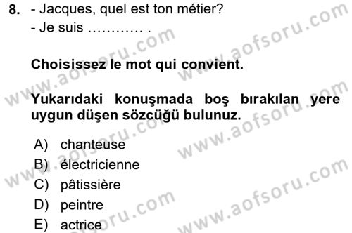 Fransızca 1 Dersi 2016 - 2017 Yılı 3 Ders Sınav Soruları 8. Soru