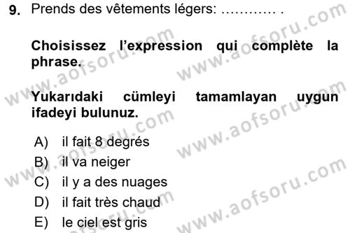 Fransızca 1 Dersi 2016 - 2017 Yılı 3 Ders Sınav Soruları 9. Soru