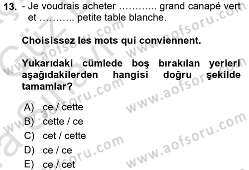 Fransızca 1 Dersi 2016 - 2017 Yılı (Vize) Ara Sınav Soruları 13. Soru