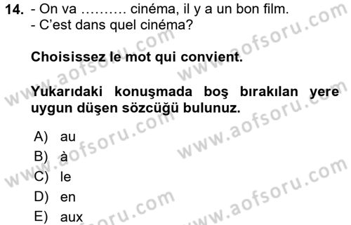 Fransızca 1 Dersi Ara Sınavı Deneme Sınav Soruları 14. Soru
