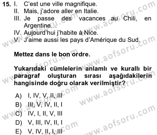 Fransızca 1 Dersi Ara Sınavı Deneme Sınav Soruları 15. Soru