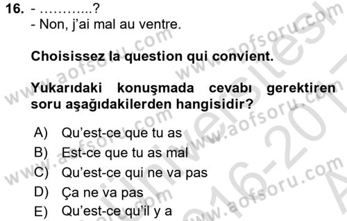Fransızca 1 Dersi Ara Sınavı Deneme Sınav Soruları 16. Soru