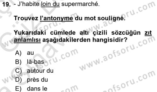 Fransızca 1 Dersi 2016 - 2017 Yılı (Vize) Ara Sınav Soruları 19. Soru