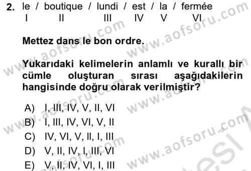 Fransızca 1 Dersi Ara Sınavı Deneme Sınav Soruları 2. Soru