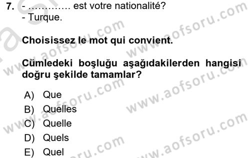 Fransızca 1 Dersi Ara Sınavı Deneme Sınav Soruları 7. Soru