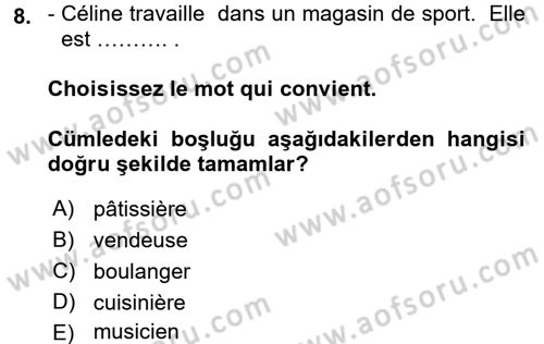 Fransızca 1 Dersi 2016 - 2017 Yılı (Vize) Ara Sınav Soruları 8. Soru